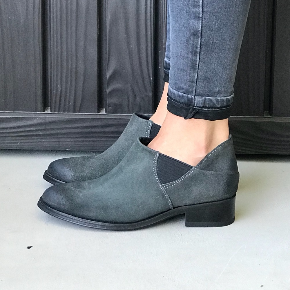 Gray Genuine Leather Burnished Toe Ankle Booties - Picture 2 of 7